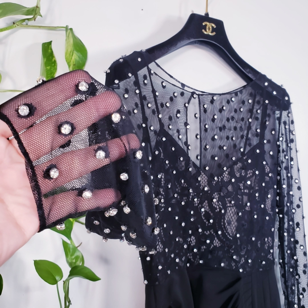 $1,190 NWT BADGLEY MISCHKA Women Black Maxi Long Dress 0 XS Sparkle Ruched Sheer - Picture 7 of 12